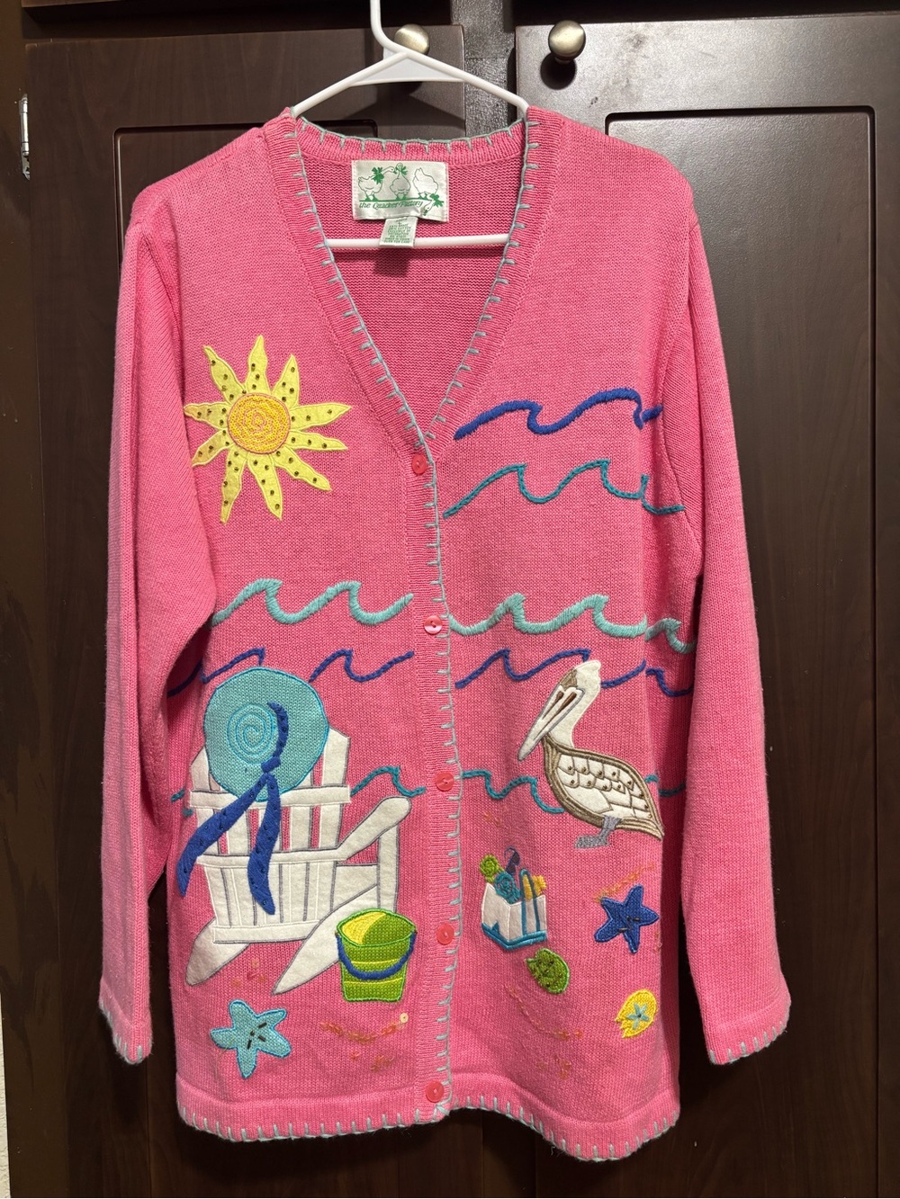 Quacker Factory Pink Beach Scene Button-Front Cardigan